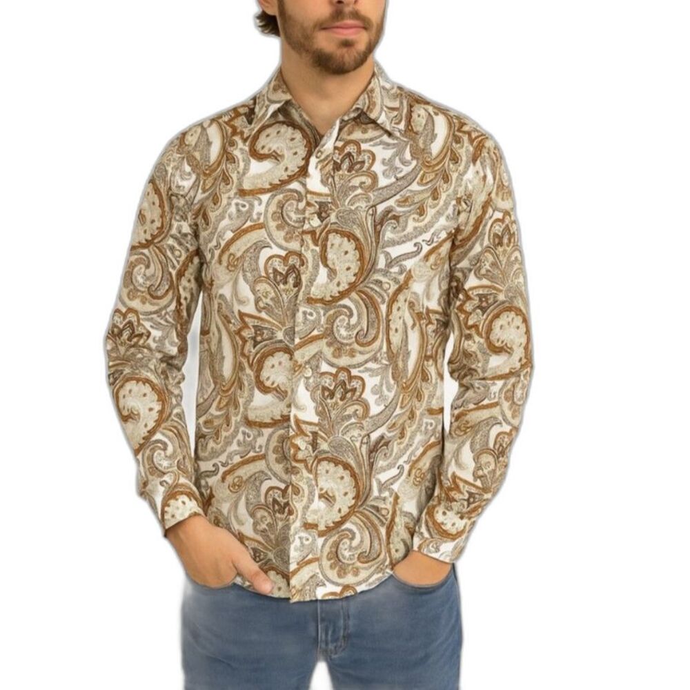 Andrew Carrington Men's White Brown Paisley Collared LS Button Front Shirt Size